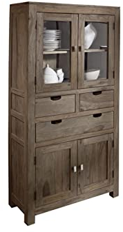 MASSIVMOEBEL24.DE Schrank Nature Grey, Vitrinenschrank aus Sheesham grau geölt, Holzschrank mit Schubladen und Fächern