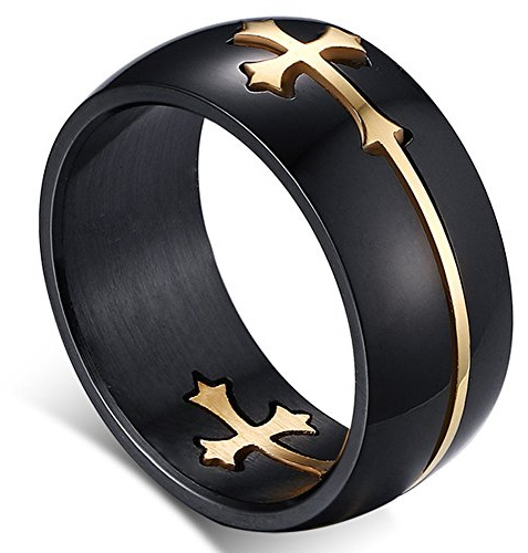 Flongo Vintage Kreuz Ringe für Herren: Schwarz Gold abnehmbar Kreuz Ring poliert Edelstahl hypoallergen Schmuck Amulett Schutz religiös christlich Schmuck Weihnachten Männer Geschenk Ringgröße 54-71