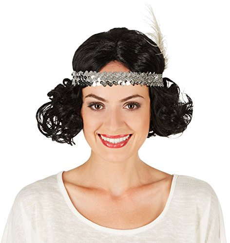 tectake dressforfun Frauenperücke Charlston mit Kopfband | Traumhafte Lockenpracht | Inkl. Pailletten-Haarband und Feder