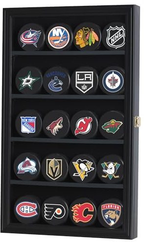 Pro Collector's Hockey Puck Display Case Cabinet Holder Wall Shelf Shadow Box with 98% UV Protection Great Puck Storage Box - Black Frame