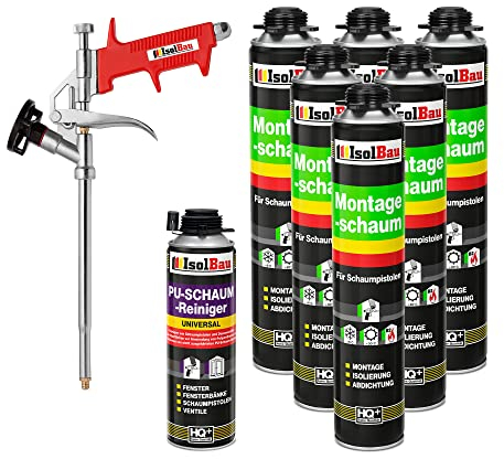 Isolbau Bauschaum-Set - Inkl. 6 x 1K Montageschaum B2 Pistolenschaum mit hervorragender Schall und Wärmedämmung (je 750 ml), 1 x PU-Schaum-Reiniger (500 ml) & 1 x Schaumpistole, Dämmen