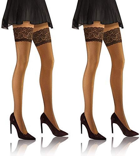 Sesto Senso 2 pares Medias Rejilla Autoadhesivas Encaje Lencería Sexy Mujer 3/4 M-L Café Beige Marrón