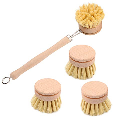 duoledaeu Wooden Dish Washing Brush Wooden Cleaning Brush with 3 Replacement Heads, Wood Long Handled Dish Brush Natural Dish Brushes,Eco Friendly