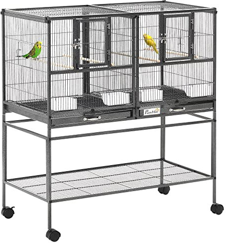 PawHut Cage à Oiseaux avec séparation mangeoire et perchoir 95L x 45,5l x 102H cm Noir et Gris