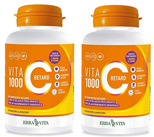 2x Erbavita - Vitamina C 1000 Retard - 90 compresse da 1500 mg - Vitamine C a rilascio progressivo per 8h - 2 confezioni da 90 capsule