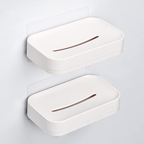 YOHOM White Adhesive Shower Bar Soap Holder Wall Mounted Stick on Bathroom Soap Dish No Drilling Plastic Hanging Soap Bar Tray with Drainage 2PCS