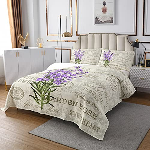 Homewish Lavendel Tagesdecke 220x240, Mädchen Lila Blume Blumen Bettdecke Set Vintage Postkarten Stil Gesteppt Für Kinder Teens Frauen, Grüne Blätter Botanisches Quilt Set Beige 2 Kissenbezüge