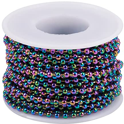 PandaHall Kugelkette aus Edelstahl, 3 mm, mehrfarbige Rollkette, verstellbare Zugkette, Verlängerung für selbstgemachte Halsketten.