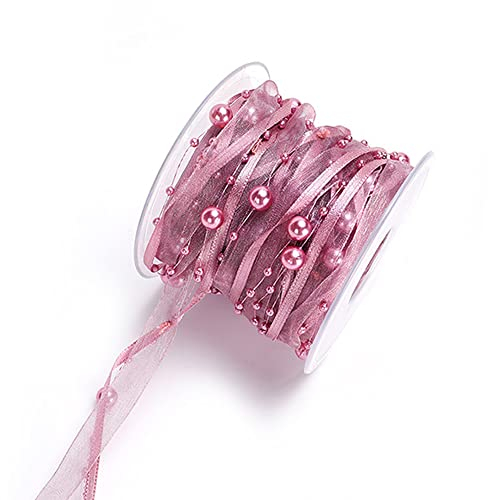 Duories 10m Perlengirlande mit Organza,8+3mm Perlenband,Geschenkband,Trendyband,Schleifenband,Dekoband Hängedeko Tischdeko Dekokette für Hochzeit Weihnachten Taufe Geburtstagsgeschenke,Rosa