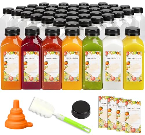 TOMNK 100pcs Juice Bottles, 12oz Plastic Bottles with Caps, Reusable Juice Bottle with Caps Clear Bulk Beverage Containers with Lids, Label, Funnel and Brush for Juicing, Milk, Smoothie and Beverages