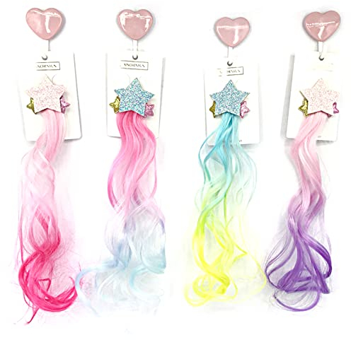 Irtyif Haarverlängerung Clips, 4 Stück Haarsträhnen Zum Einklipsen, Haarsträhnen Kinder,Vierfarbige fünfzackige Sternform,Prinzessin Mädchen Haarschmuck, Bunte Haarteile Synthese Party Ankleiden