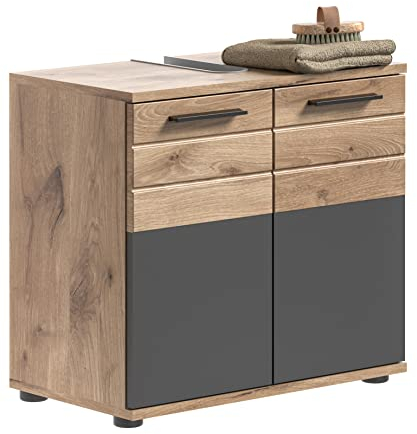 xonox.home Badezimmer Mason Waschbeckenunterschrank Badunterschrank Waschbecken Unterschrank Schrank Waschtisch Unterschrank in Front Basalt grau Nb. Korpus Nox Oak Nb.ca.60x56x34cm