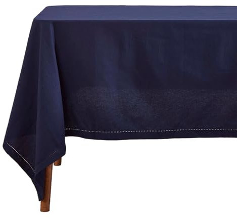 Homescapes Dunkelblaue Tischdecke mit Hohlsaum aus 100% Baumwolle 178x300 cm, XXL Tischtuch rechteckig, waschbar & pflegeleicht