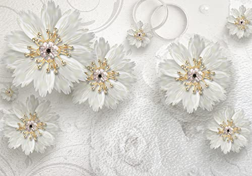 wandmotiv24 Fototapete weiße Blüten Ornamente 3D Effekt, XL 350 x 245 cm - 7 Teile, Wanddeko, Wandbild, Wandtapete, Vlies-Tapeten, Papier gold Perle M6280