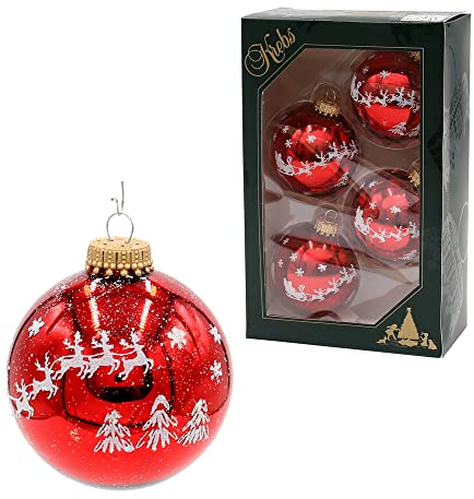 Dekohelden24 Lauschaer Christbaumschmuck - 4er Set Christbaumkugeln in glänzend Rot, handdekoriert mit Glitter - Dekor Rentierschlitten, mit Goldkrönchen, Größe Ø ca. 7 cm