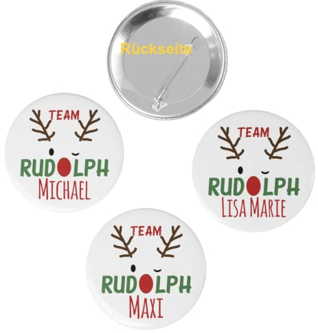 Set Buttons Team Rudolph Weihnachten 59mm Ansteck-Pin Anstecker (5-er Set mit Namen)