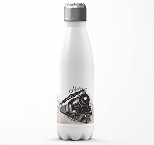 Mikalino Kinder Edelstahl Trinkflasche Dampflok in den Bergen personalisiert mit Wunschname Einschulung Geschenk Schulanfänger Thermosflasche Mädchen Junge, Farbe:weissweiss, Grösse:500ml