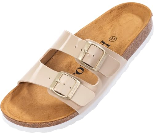 Palado Pantoletten Damen Milos Lack – elegante Sandalen Made in Spain - bequeme Hausschuhe mit Kork-Fußbett - modische Sommerschuhe Beige UK7 - EU40