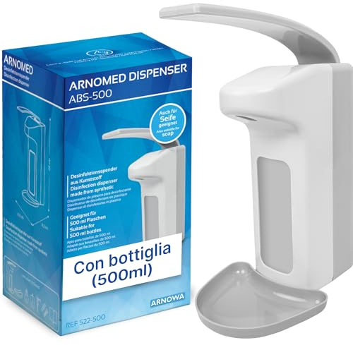 ARNOMED 1 Dispenser di sapone in plastica, dispenser a muro gel disinfettante mani da 500 ml, Euro dispenser, dispenser gel disinfettante mani parete bianco, dispenser saponi senza bisogno di forare