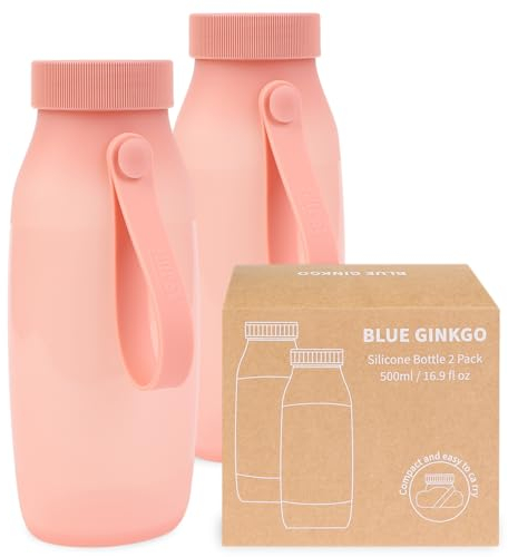 BLUE GINKGO Bottiglie d’Acqua Pieghevoli [Set di 2] – Bottiglie in Silicone Leggere e Compatte per Viaggi, Escursioni e Campeggio (500ml, Made in Korea, Rosa)