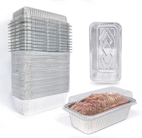 Disposable Loaf Pans with Lids, 50 Pack, 8.5x4.5 Bread Pans, Food Storage Containers, Heavy-duty 2lb Aluminum Loaf Pans, Pastry Boxes, Perfect for Baking Storing and Street Treats Takeout