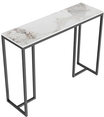 Console Table Hallway Sintered Stone: Consoles Desk 100x30x78.5 cm High Gloss Cold Jadeite White Marble Texture with Black Legs Narrow Tall Modern Sofa Side Tables Entryway Living Room