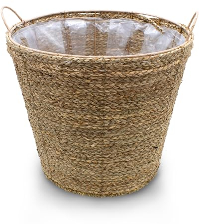 Spetebo Panier à plantes en jonc de mer naturel avec anse – 38 x 34 cm – Pot de fleurs doublé d'un film – Panier de fleurs décoratif en rotin pour plantes d'intérieur, 38832