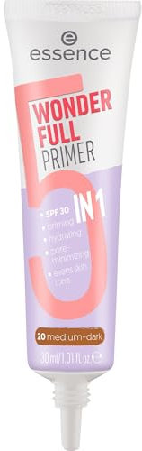 essence WONDER FULL PRIMER 5 IN 1, Nr. 20, Braun, feuchtigkeitsspendend, mattierend, pflegend, matt, vegan, ölfrei, UVA- und UVB-Filter + SPF 30, ohne Parabene, 1er Pack (30ml)
