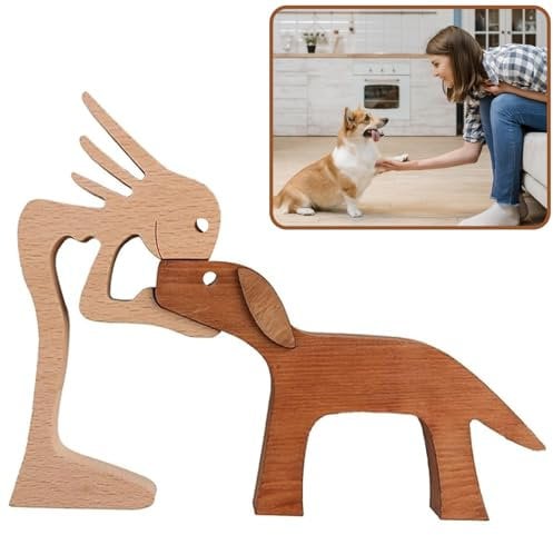 Tadpolez Holzschnitz Ornamente, Holzskulptur Hundefigur,Handgefertigte Hundestatue,Abstrakte Stil Menschen mit Hund Statue,Holzfiguren Skulptur Ornamente,Dekorationen für Zuhause,Büro,Wohnzimmer