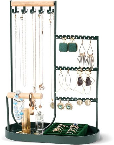 ProCase Jewelry Organiser Jewelry Holder Jewelry Stand with Velvet Ring Tray and Study Metal Frame, Necklace Holder Organizer Bracelet Display Storage Rack for Studs Rings -Green