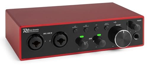 Power Dynamics PDX22 Interface Audio USB - Alimentation fantôme 48V, Câble USB-C Inclus, 2 entrées Micros/Instruments, 1 Sortie Casque, Idéal pour Les Musiciens, Compositeurs et Home Studio