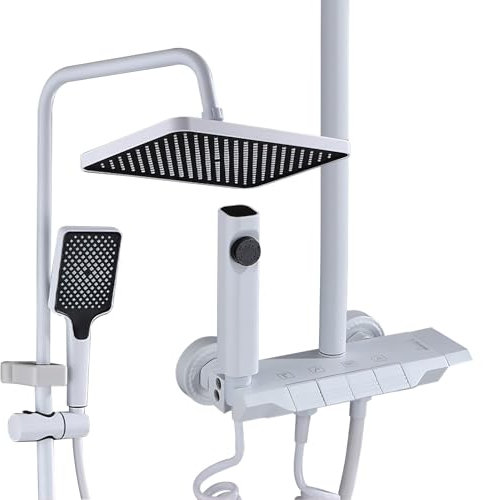 LED con pantalla digital, columna de ducha termostática, 80-120 cm, barra de ducha, altura regulable, columna de ducha con cabezal de ducha, 20 x 30 cm, 3 mezclador de ducha con estante (F)