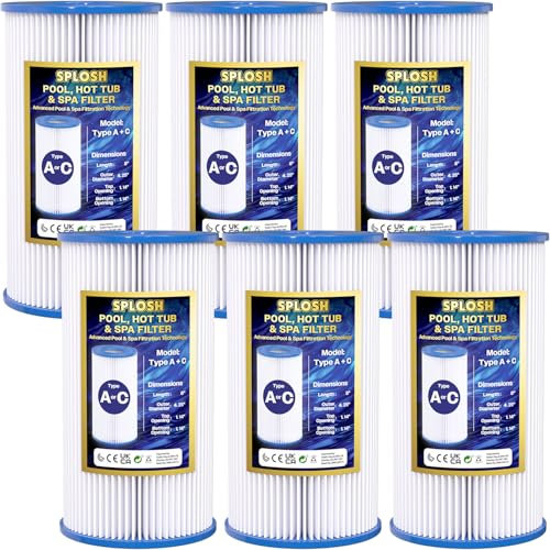 Splosh Type A Filter Cartridges - Pack of 6 Replacement Filters - Compatible With Intex Pool Filter Pumps & Easy Set Pool Filter Pumps (Intex Type A or C 29000/59900)