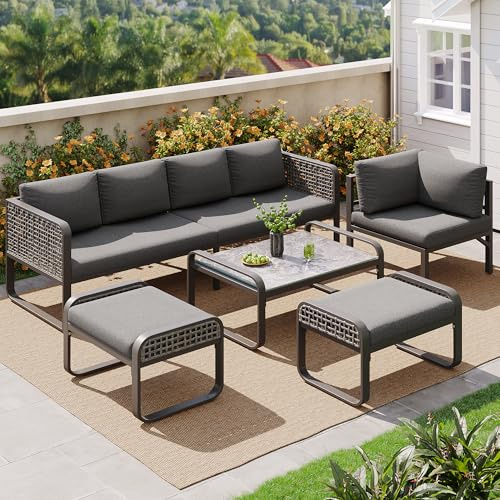 Zepneiy Gartenmöbel Set für 6-7 Personen, Lounge Möbel Outdoor mit 2 Großes Sofa 1 kleines Sofa 2 Sofabankund 1Tisch, Balkonmöbel Gartensofa aus Rattan, Grau