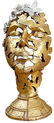 Gold Hollow Face Sculpture Abstract Art Resin Figurines for Home Decoration Living Room TV Cabinet Bar Cabinet Display Cool Desk Gadgets (Gold, 10.5x12x27cm)