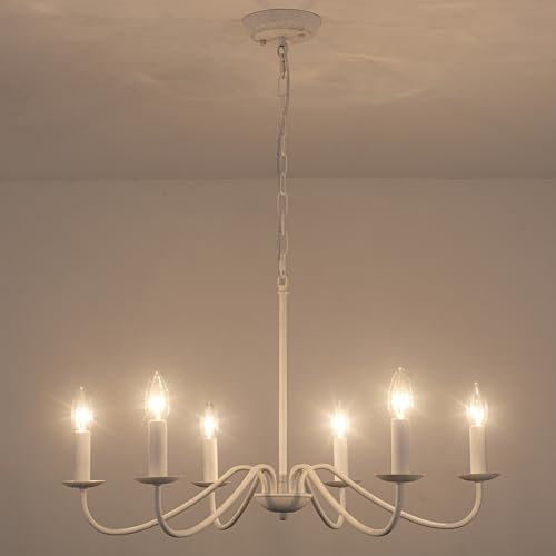 WTUOING Kronleuchter Weiss Vintage Hängelampe Wohnzimmer Schlafzimmer Küche, 6 Flammig Kronleuchter Weiß Rustikal Kerze Pendelleuchte Esstisch Retro Deckenlampe für Esszimmer, Flur, Höhenverstellbar