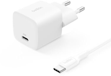 Belkin Cargador USB-C de Carga Rápida con Cable USB C de 1 m (60 W), Enchufe Tipo C de 25W, PD 3.0 y PPS, iPhone 16 Series, iPad Pro, Samsung Galaxy S25, Pixel 9 y Nintendo Switch, Blanco