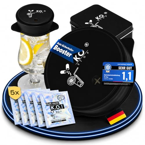Ko Stop 5er Set Silikon Mehrweg inkl. Metalldose Getränkeschutz schützt vor Ko Tropfen, Insekten und Schmutz ideal für Festivals und Partys (Schwarz, 6-8cm)