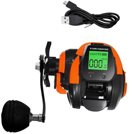 predolo Elektronische Angelrolle für Tiefsee mit USB-Aufladung, 10 kg und digitalem Anzeigefeld, Orangefarbene Linke Hand