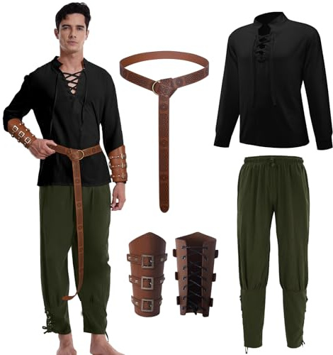 Mittelalter Kleidung Herren Renaissance Wikinger Kostüm mit Zubehör | Kostüm Herren Mittelalter Set Larp Kleidung Herren mit Hemd Hose Gürtel Handgelenkschützer für Halloween Karneval Cosplay