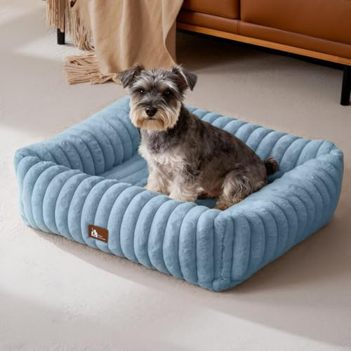 Upvilla Luxus Hundebett,4-seitiges Hundesofa,waschbarer Hundekorb,MP Blau | Superweiches Kaninchen-Kunstfell-Bezug, dick aufgefüllte Stützpolsterung, integrierter Tragegriff, Kleintierbett, Katzenbett