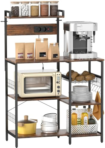 HOMCOM Küchenregal mit 2 Steckdosen mit Korb 90 x 42 x 130cm Rustikal-Braun | Standregal, 5 S-Haken, 5 Ablagen, Bäckerregal, X-Streben, Verstellbare Ebenen, Kaffeebar aus Stahl