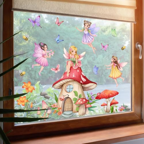 WandSticker4U®- Fensterbilder selbstklebend FEE & PILZHAUS (80x43 cm) I Fenstersticker Kinder Mädchen Fee Elfen Blumen I Fensterdeko Kinderzimmer Mädchen Prinzessin wiederverwendbar
