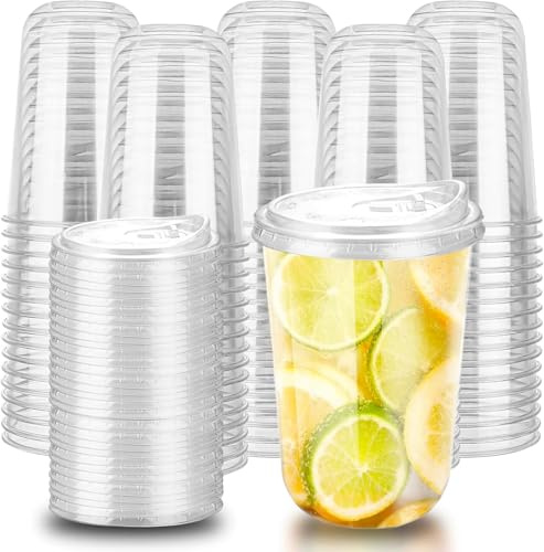 KAHEIGN 50 Pezzi Bicchieri di Plastica Trasparenti con Coperchio, 480ml Bicchiere da Caffè in Plastica Riutilizzabile per Freddo Caffè Frullato Frappè Freddo Bevande Festa Catering