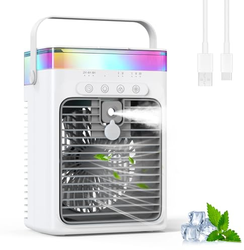 Portable Air Conditioner, 3-in-1 Evaporative Air Cooler with 3 Speeds & 2 Mist Modes, 1000ml Mini AC Unit, USB Powered Small Cooling Fan with RGB Light & Timer for Bedroom Office Desk Car