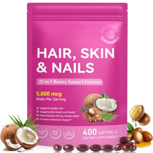 Biotin Hair Growth Supplement, Hair, Skin and Nails Vitamins Softgels, 22 in 1 5000 mcg Biotin, Collagen, Hyaluronic Acid, Keratin, Argan Oil, Vitamins A, C, E, & Complete B Vitamins- 400 Softgels