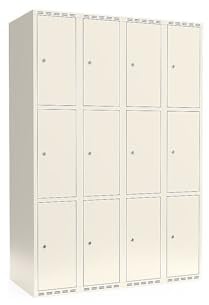 kaiserkraft | 3er-Schließfachschrank Fydor | 4 Abteile | Weiß | B 1200 mm | Flache Dachform | Zylinderschloss
