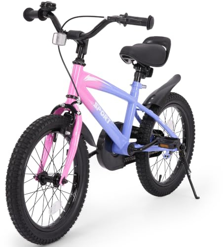 BODIOO Kinderfahrrad 18 Zoll Kinderrad für Jungen und Mädchen mit verstellbarem Sitz, Stützrädern, Handbremse, Rücktrittbremse und stabilem Rahmen für Fahrer von 114–137 cm (Lila Farbverlauf)