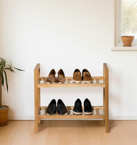 Hallowood Furniture Waverly Oak 2 Tier Stackable Narrow Shoe Rack, Solid Oak Shoe Storage Unit, Small Wooden Storage Rack for Hallway, Entranceway & Living Room, Fits 4 Pairs Footwear