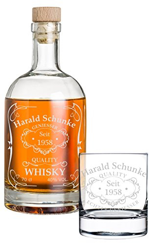 polar-effekt 2-TLG Geschenk-Set mit Gravur - Whiskyflasche und Whiskyglas - Glas-Karaffe Inhalt: 700ml und Holzkorken - Geschenkidee für Männer - Motiv Quality Whisky